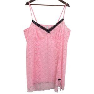 Vintage Y2K Sheer Lace Slip Mini Dress 3X 22/24 Pink W/ Black Trim Bows Coquette